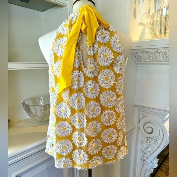 TRINA TURK Rancho sequin yellow & white floral tie back halter top size medium - Picture 6 of 11